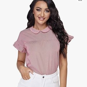 Striped Collar Ruffle Sleeve Peter Pan Blouse NWOT